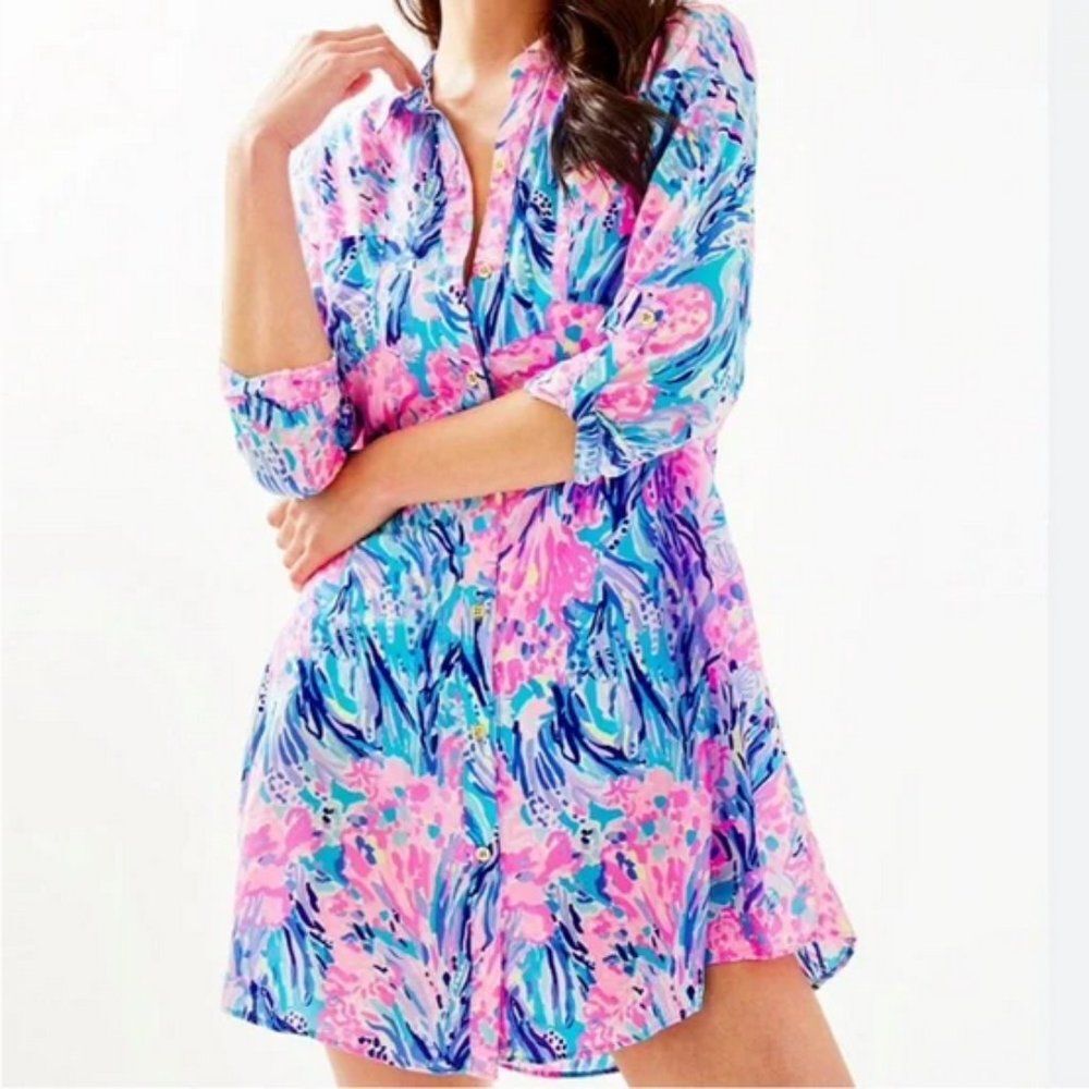 Lilly Pulitzer Natalie Shirtdress CoverUp Periwinkle Fan Sea Pants
